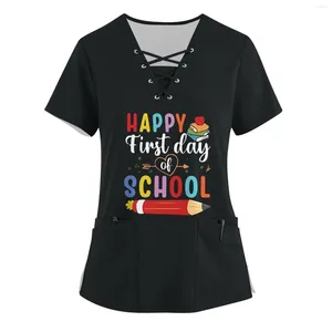 Dames t shirts korte mouw v nek trekkoord dagen van school bedrukte pocket care top dames mode blouse 2024 shirt voor y2k