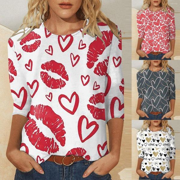 Camisetas de manga corta para mujer, Top largo con estampado de labios para el Día de San Valentín, ropa de calle Y2k, ropa de talla grande para mujer, blusas y blusas Harajuku para mujer