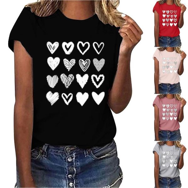 T-shirts à manches courtes pour femmes, hauts ronds imprimés pour la saint-valentin, équipement d'exercice du ventre décontracté pour filles longues