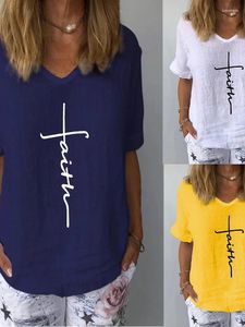 T-shirt manches courtes en coton et lin pour femme, haut ample et décontracté imprimé