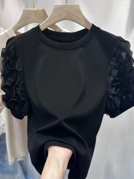 T-shirt à manches courtes en coton pour femmes, été, français, manches florales, noir, décontracté, hauts amples, chemise surdimensionnée