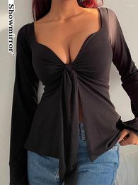 T-shirts Femmes Showmirror Twist Lace Up Slit Femme Tops Basic High Street T-shirt à manches longues Col carré Sexy Low Cut Cardigan Automne