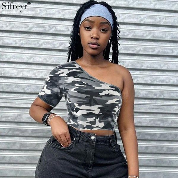 T-shirts pour femmes sifreyr skew collier camouflage top street street backless one épaule manche courte sexy fille épicée nombril ouverte