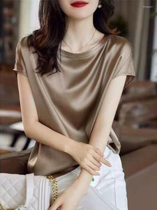 Dames t shirts zijde dunne korte mouw T-mouwen Koreaanse stijl o-neck vrouw zomerkleding elegant zwart bruin tops massieve losse casual maat 4xl