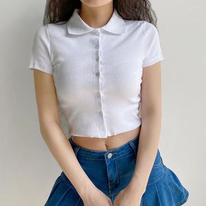 Dames t -shirts eenvoudige slanke polo kraag gebreide korte mouwen crop tops vrouwen zomer anime Harajuku kant single breasted plus size vest