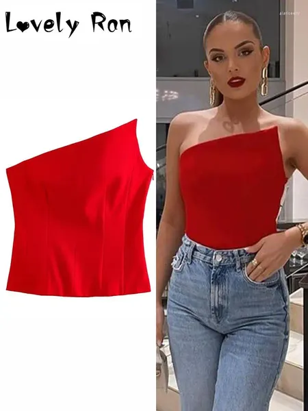 Camisetas para mujer Sin mangas Off Hombro Corset Crop Tops Chaleco Mujeres Primavera 2024 Sexy Sólido Chic Tube High Street Sin respaldo Skew Collar