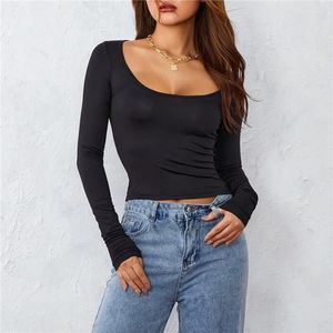 Dames T-shirts Slim Fit T-shirt Dames Lange mouw Ronde hals Effen Kleur Zwart Rood Geel Rekbaar Voor casual crop tops