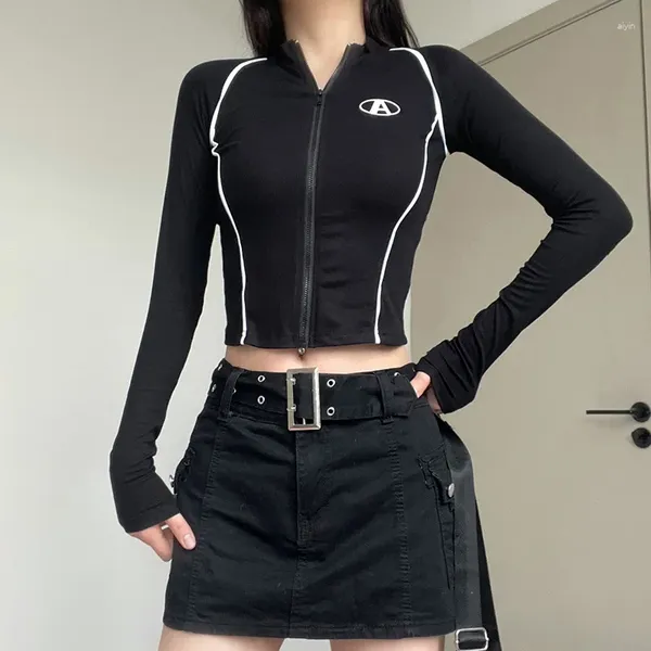 Camisetas para mujer, Top corto cosido ajustado con cremallera, camiseta de manga larga estilo Punk, cárdigan, ropa de calle básica Harajuku, camisa Y2k 2023