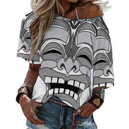 Dames T-shirts glimlachen Tiki-Mask Lotus Leaf Neck T-shirt Lange Mouw Shirt Elegant Fashion Tops Tees Tiki Polynesische lijnkunst