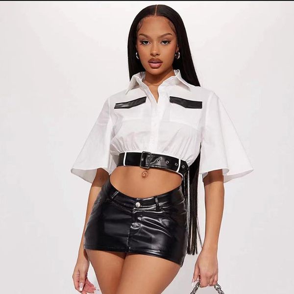 T-shirts femme en cuir Pu Patchwork ceinture haut court femmes mode simple boutonnage manches courtes revers T-Shirts été 2023 Caual