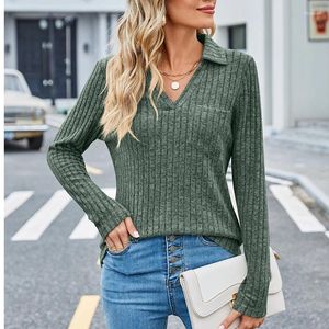 Dames T-shirts Effen Casual Pit Stripe T-shirt Herfst/Winter V-hals Lange mouwen Trui Kantoor Dame Gebreid T-shirt Street chic Tops S-XXL