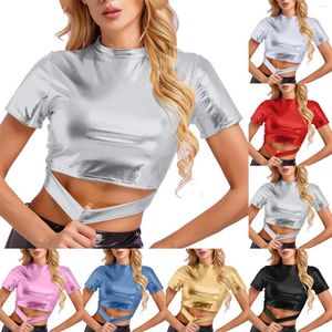 T-shirts voor dames, effen kleur, reflecterend glanzend metallic, crop-top shirt met ronde hals en korte mouwen