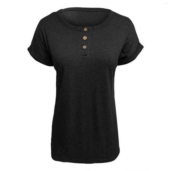 T-shirts pour femmes couleur unie col rond boutonné manches courtes amples hauts pour femmes coton Polyester Spandex chemise longue t-shirt