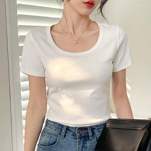 Dames t shirts vaste kleur korte mouwen t-shirts 2023 zomer u-neck kledingthread innerlijke lichaamsopbouw eenvoudige grote ronde nek tops