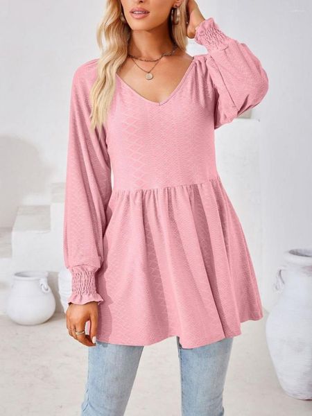 Camisetas para Mujer Color Sólido Tops Túnica para Mujer Camiseta Otoño Invierno Manga Larga Cuello En V Jacquard Camisetas Sueltas Blusas Peplum para Mujer