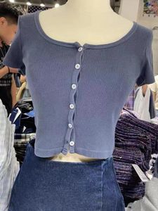 Camisetas para mujer, Top corto liso y sencillo, Top corto ajustado de algodón con cuello redondo para mujer, cárdigan de un solo pecho, camisetas lindas Vintage de manga corta