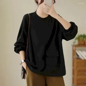 T-shirts Femmes T-shirts solides pour femmes O-Cou surdimensionné Casual Femme Pull à manches longues Tops esthétiques Style coréen Vintage Vêtements