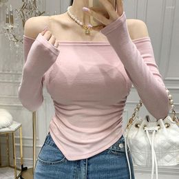 T-shirts Femmes Corée du Sud Dongdaemun Élégant Col Bateau Sans Bretelles Sexy Ruché Slim Fit Minceur Manches Longues T-shirt Top Pour Femmes