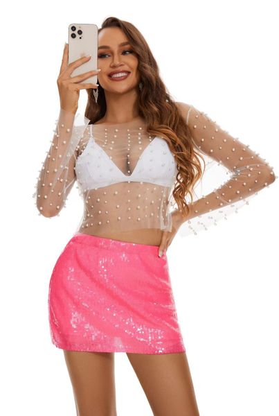 T-shirts pour femmes Haut court en maille transparente scintillante avec embellissements de perles et manches longues - Parfait pour les fêtes sur la plage, les raves et les clubswear