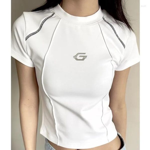 Camisetas de mujer Spicy Girl Style White T-shirt American Retro Cotton Short Open Navel Cuello redondo Top Summer Women Chest Letter Camisetas delgadas