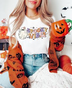 Dames T-shirts Spooky Vibes Shirt Seizoen Halloween Grappig Spook Ronde hals Herfstkleding Pompoen Katoen D