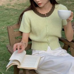 T-shirts pour femmes printemps et été col rond patchwork couleur contraste court tricoté t-shirt simple collé à la mode doux coréen hauts