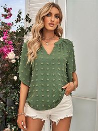 T-shirts pour femmes printemps et été vêtements pour femmes lâche Style décontracté col en v couleur unie fourrure boule haut femmes Camisas Y Blusas Mujer