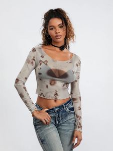 T-shirt manches longues imprimé papillon pour femme, haut ajusté, garniture à volants, coupe cintrée, printemps-automne