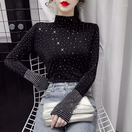 Dames T-shirts Spring herfst Shinny Rhinestone Shirt Women Sexy Basic voor hoge stretch lange mouw slanke strakke t-shirt tops