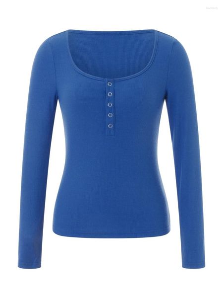 T-shirts pour femmes printemps automne hauts minces bleu à manches longues col carré T-shirts boutonnés