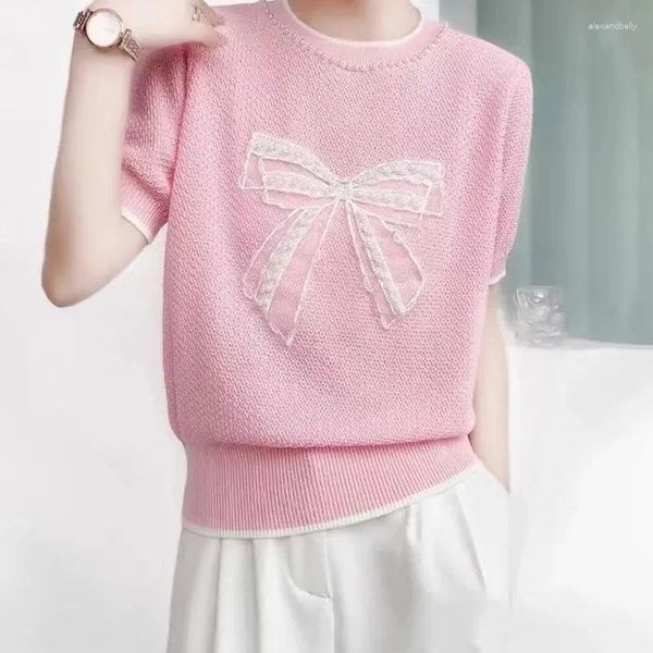 T-shirts pour femmes printemps automne couleur solide tricot tricot tops dames vêtements de mode doux patchwork nave