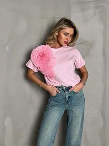 T-shirts Femmes Printemps Élégant 3D Plissé Fleur Chemise Femmes Mode Solide Col Rond Manches Courtes Tops 2024 Été Casual Bureau