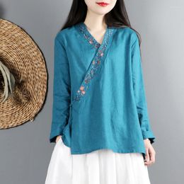 T-shirts pour femmes printemps automne femmes broderie col en V manches longues bleu violet Style chinois coton lin haut chemise femme Vintage hauts