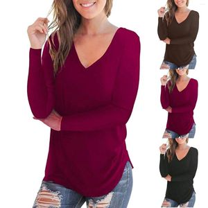 T-shirt à manches longues pour femmes, couleur unie, décontracté, amincissant, col en V, ample, confortable, mode printemps