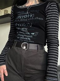 Dames t shirts veer gemonteerde crop tops zwarte lange mouwbrief afdrukken bijgesneden gestreepte t-shirt