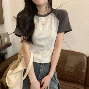 Dames t shirts lente/zomer Koreaans veelzijdig contrastkleur afslankte raglan puur katoenen korte mouwen t-shirt top