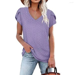 T-shirts voor dames Lente/zomer Effen kleur V-hals Tegelmouwen Los T-shirt met korte mouwen
