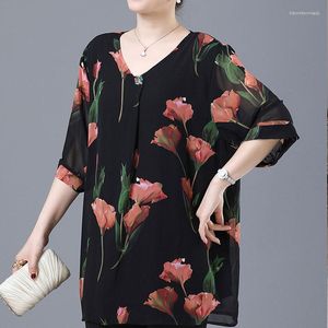 T-shirts pour femmes Printemps Eté Mince Pulls à manches courtes Vêtements 2023 Noir O-cou Impression Lâche Casual Simplicité T-shirts floraux