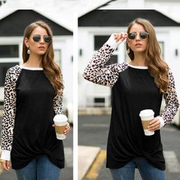 Dames t shirts lente vrouwen los casual shirt met lange mouwen vintage luipaard print twist knoop tops zwarte mode eenvoudige basic tunieken