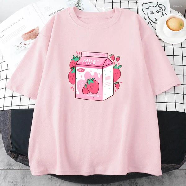 Camisetas para mujer, camiseta con estampado de dibujos animados de leche de fresa, pantalón corto informal de manga con cuello redondo, camisetas suaves de algodón de alta calidad para mujeres y niñas