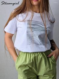 T-shirts pour femmes Streamgirl Basic Cotton Graphic pour les femmes Summer White Clain à manches courtes