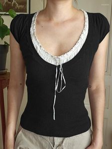 T-shirts pour femmes Streetwear col en U femme haut printemps été Bandage body Sexy tempérament bas dentelle chemise 2023