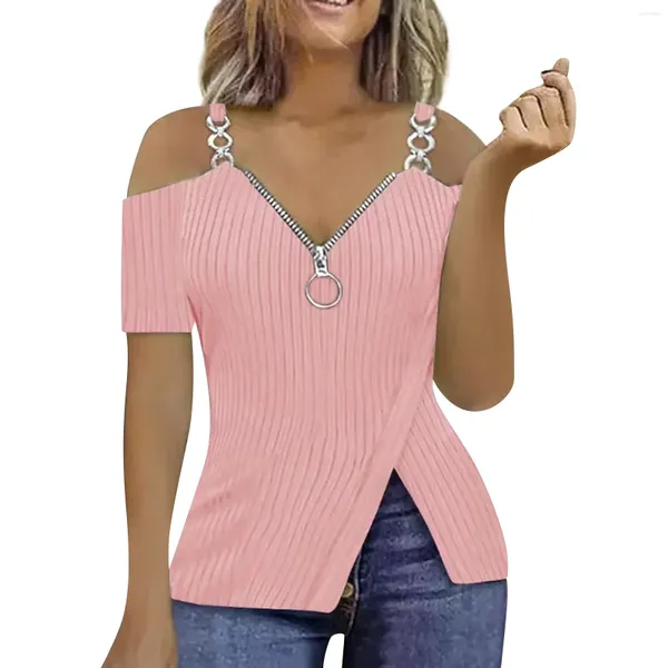 Camisetas para mujeres Stripe sólido con cuello en V correa de cremallera delgada de la camiseta de manga corta blusa de moda para mujeres 2024 camisa