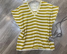 Camisetas de mujer a rayas con cuello en V, Tops de seda, corte holgado, moda informal, verano 2023, 0408