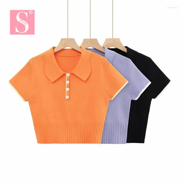 T-shirts Femmes STVY 2023 Arrivée Printemps Été Crop Tops Pour Femme Casual Col Rabattu À Manches Courtes T-shirts En Tricot Femmes