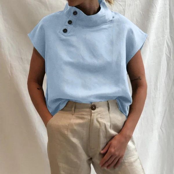 T-shirts Femmes Tuniques élégantes Tops Mode Plus Taille Femmes Manches courtes Boutons d'été Solide Coton Lin Casual Loose Blusas Femme