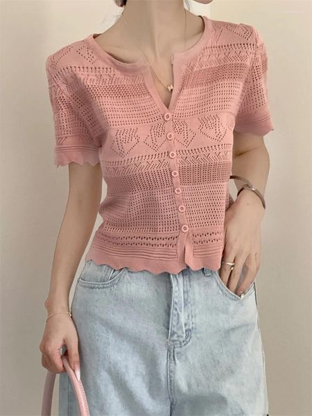 T-shirts pour femmes été 2024 Chic dentelle Crochet simple boutonnage couleur unie tricoté Cardigan Harajuku chemise féministe Y2k haut court