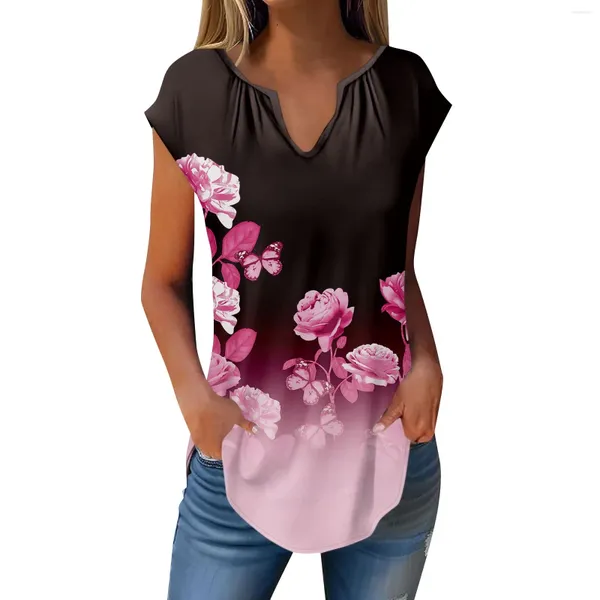 Camisetas para mujeres Capiesta de verano For Women Trendy Loose Casual estampado V Cuel las camisetas de moda de túnica plisada