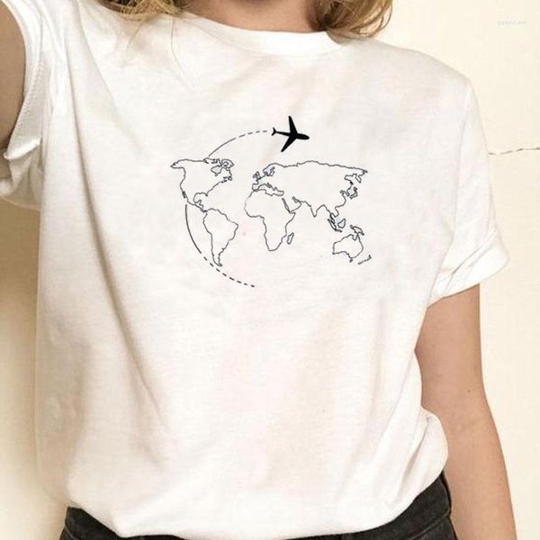 T-shirts pour femmes été décontracté drôle Tumblr Ulzzang T-Shirt unisexe avion carte cours ligne graphique Tee 70 s Vintage rétro Style femmes haut