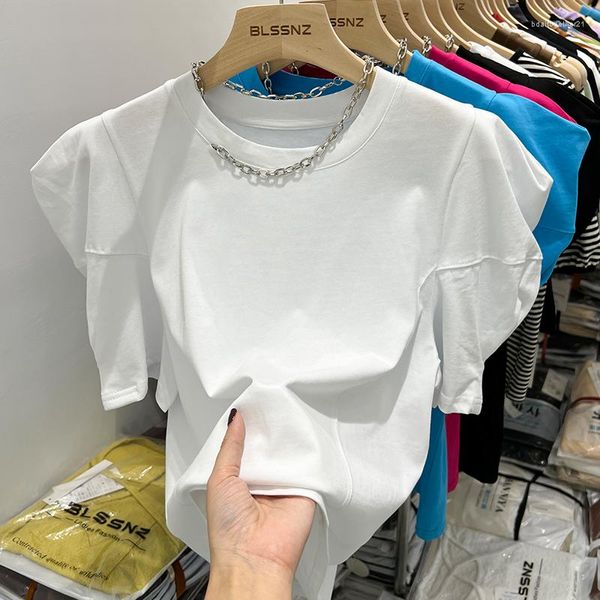 T-shirts femme été chaîne tricoté T-Shirts 2023 décontracté col rond manches bouffantes mode bas coréen blanc basique hauts femme